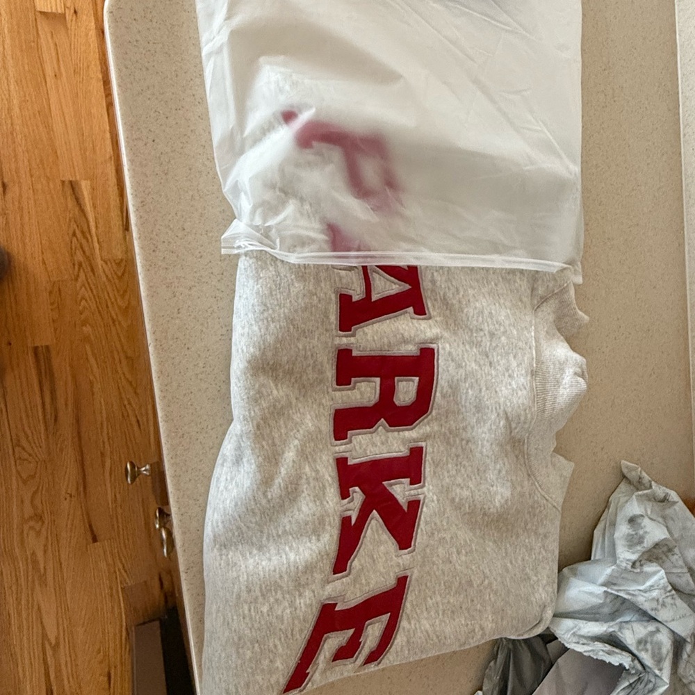 Gray Sweatshirt with Red Lettering
